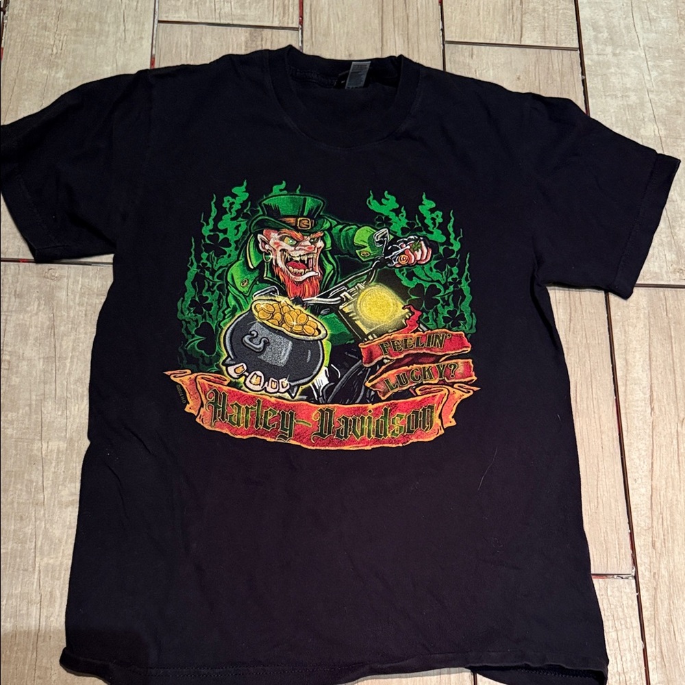 Harley-Davidson Black Tee with Green Lucky Leprechaun Graphic medium
